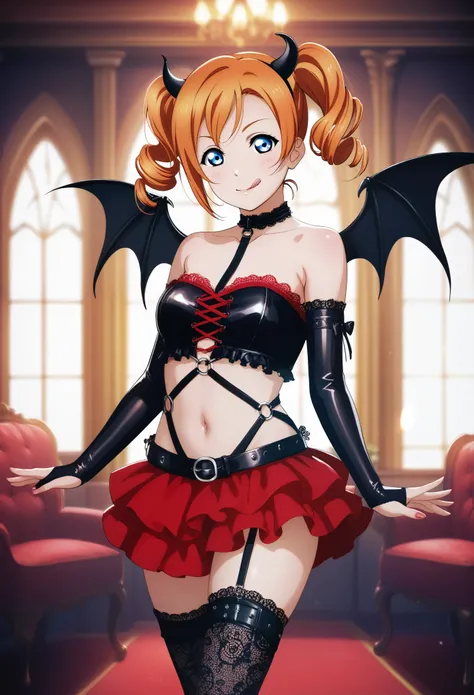 (Masterpiece, Best Quality, High Quality), realistic anime art, love live,kousaka honoka love live, dim night light,orange hair,blue eyes,red tube top,2thin straps top,red multilayer skirt,fake demon wings, twintails,drill hair, cross-laced thighhighs,lace...