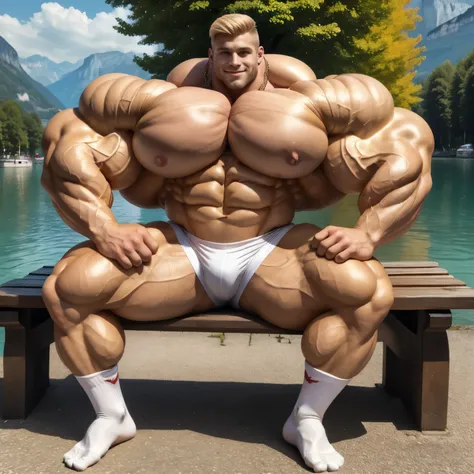 full view full body, white teenage male bodybuilder with blond undercut haircut Handsome smile. Huge well developed muscles. Flexing his massive biceps. Torn sleeves and shirt front. over-inflated pecs and abs. over-inflated shoulders and lats. Showing his...