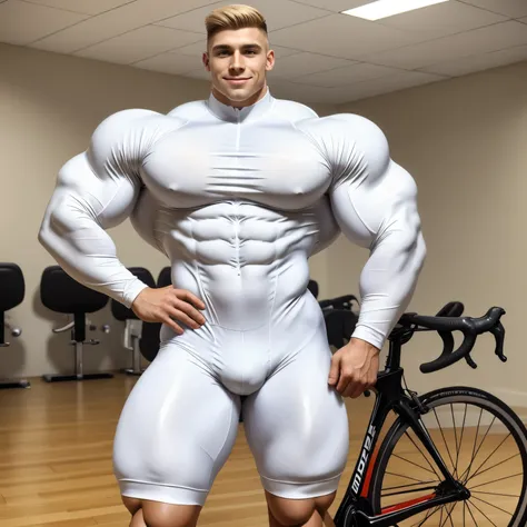 Full length view of a handsome smiling 22 years old Caucasian over-muscular young man with short blonde clean undercut hair, wearing a very tight shiny white cycling skinsuit, in white highly-technical stinking cycling socks, no shoes, showing off white so...