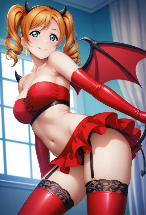 (Masterpiece, Best Quality, High Quality), realistic anime art, love live,kousaka honoka love live, dim night light,orange hair,blue eyes,red tube top,2thin straps top,red multilayer skirt,fake demon wings, twintails,drill hair, cross-laced thighhighs,lace...