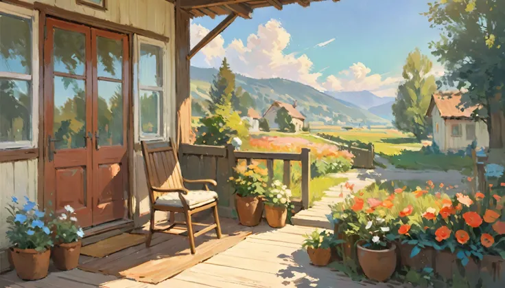 A beautiful nostalgic image, a wooden porch with sunlight, dreamlike, sunny, beautiful, nostalgic, masterpiece, blue sky, warm colors, bloom, visible brushstrokes, painterly, detailed painting, lovely, incredible art