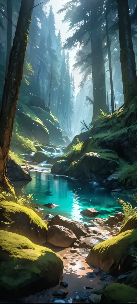 High quality, ultra realistic,absurdres, highres, ultra detailed, HDR, masterpiece, extremely detailed , beautiful forest, rocks, light blue lake , glowing