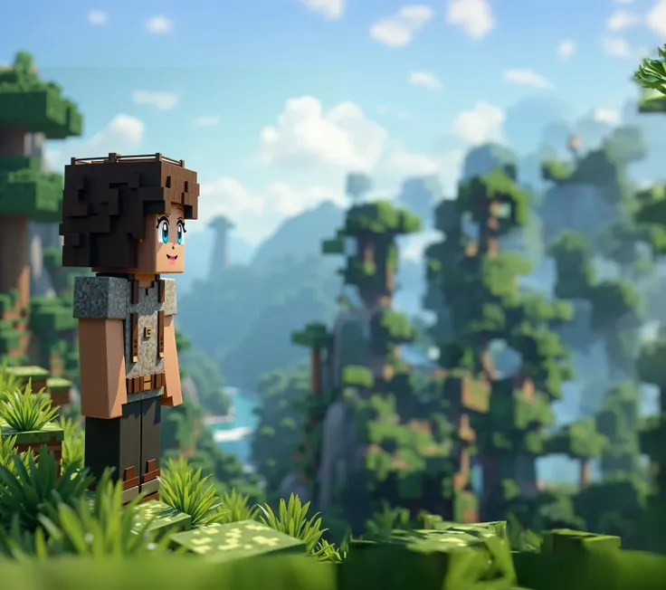 a beautiful 1girl with long brown hair wearing a green dress, standing in a lush minecraft-inspired fantasy landscape, volumetri...