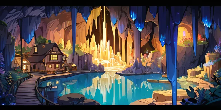 draw a lofi anime poster style village mécanique, décoration de fée, cascade lumière, grotte, stalagmite, stalactite, la nuit, b...