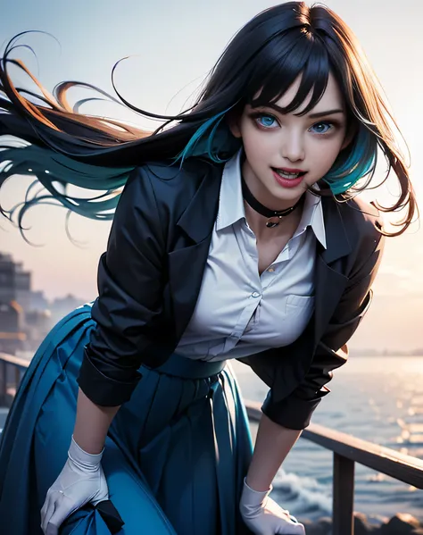(photorealistic:1.6),(High resolution:1.6),(solo, one girl:1.5),(Beautiful Girl:1.5),(cool beauty:1.5),(Big eyes),(Plump lips),(looking at viewer:1.4),(smile:1.2),(Hair blowing in the wind:1.3),(Leaning forward) ,ado, 1girl, multicolored hair, long hair,(c...