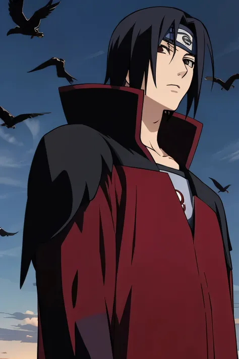 itachi uchiha covered with multiple crows in dark night