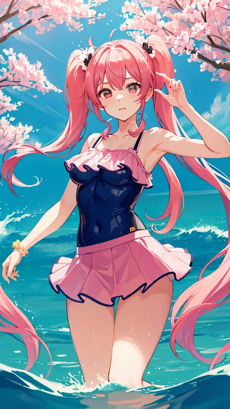 ((Highest quality)), ((masterpiece)), (detailed), high school girl、Pink twin tails、Sunny Spring、A row of cherry blossom trees with a stream flowing through it.、Slightly backlit、Wet competitive swimsuit、Ruffled mini skirt、Big thighs、Cute Boobs、Nipples erect...