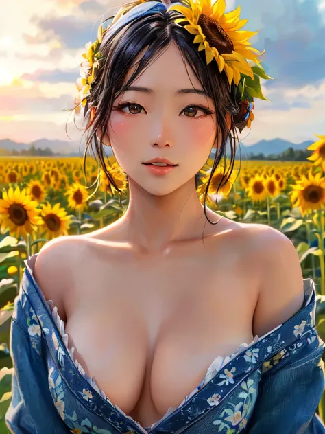 A Japanese woman with sunflowers in her hair、Posing in a field, beautiful sunflower, Ultra-realistic painting, Trending on cgstation, Hot and sunny highly detailed, It&#39;s hot with the shining sun, Realistic Anime 3D Style, scene : Sunflower field, scene...