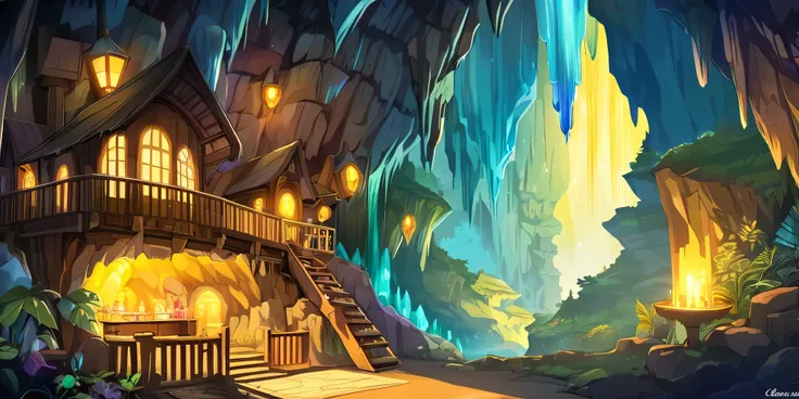 Draw a lofi anime poster style village Steam punk dans une grotte, décoration de fée, cascade lumière, stalactite, stalagmite, belle palette de couleurs marron jaune, couleurs saturées vibrantes, œuvre dart, Aucun humain, thème anime