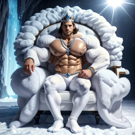 full body, handsome very muscular young bodybuilded white King of Antartica, short light-brown hair, ice-blue eyes, square jaw, wearing diamond crown, white fur coat,white leather pants, dozens of diamond rings, necklaces, bracelets, earings, white sheer g...