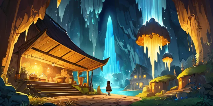 Draw a lofi anime poster, village, Steam punk, grotte, décoration de fée, cascade lumière, stalactite, stalagmite, belle palette de couleurs marron jaune, couleurs saturées vibrantes, œuvre dart, Aucun humain, thème anime