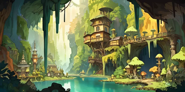 draw a lofi anime poster, village, steam punk, cave, fairy decoration, cascade, light, moss forest, stalactites, stalagmites, be...