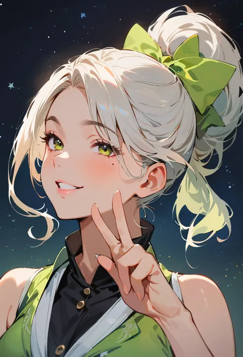 (masterpiece, best quality:1.4), 1 girl, 独奏, Star pupil, Blurred eyes, Close your left eye, Smile, Look up and down, peace gesture, Right tear mole, (Green double ponytail hairstyle:1.2),  Royal sister, large breasts, Vest, Midnight starry sky background.