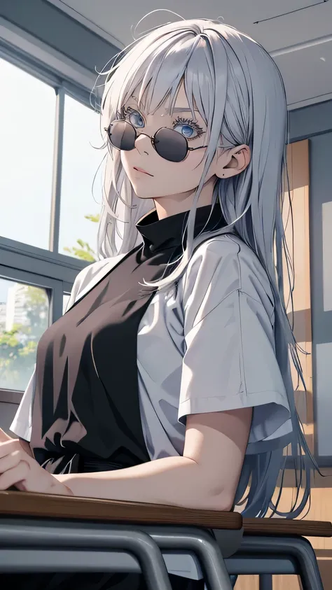 woman, womanバージョン, woman, JUJUTSU KAİSEN, alone, alone, Gray Hair, bangs, Long Hair, White eyebrows, White eyelashes, Bright Blue Eyes, Wearing round sunglasses, Wearing a black shirt, black sleeves, Black clothes, In the classroom, School, high quality, 4...