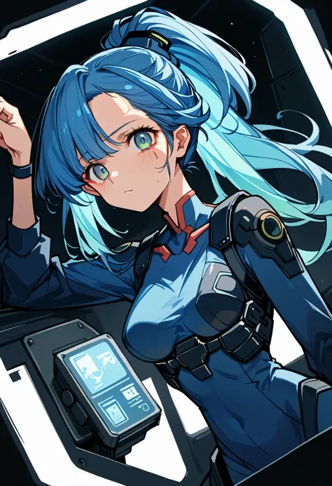 ((Holographic glow effect))、gundamwingcockpit,Blue Hair、Masterpiece、Best Quality、1 person、Medium breast、((Album cover))、Light on Face、Slim Body、Blue Costume、Exoskeleton、metal Gear、Cyberpunk Style、ponytail、The Gundam pilot、attention arousal