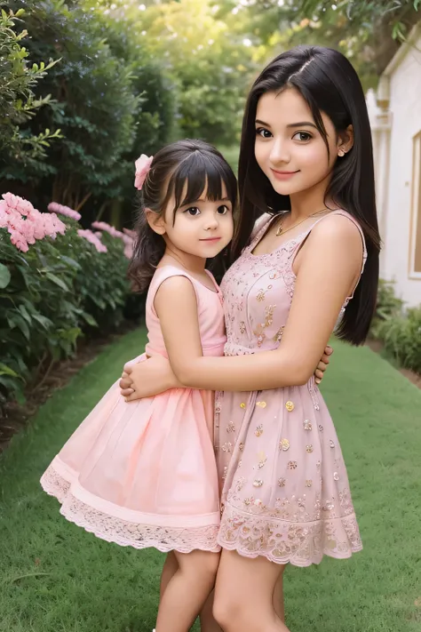 16 years cute beautiful girl with stylish colour full dress with his  cute 5 years old cute baby with cute romantic pic with full size straight pic