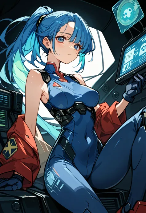 ((Holographic glow effect))、gundamwingcockpit,Blue Hair、Masterpiece、Best Quality、1 person、Medium breast、((Album cover))、Light on Face、Slim Body、Blue Costume、Exoskeleton、metal Gear、Cyberpunk Style、ponytail、The Gundam pilot、attention arousal