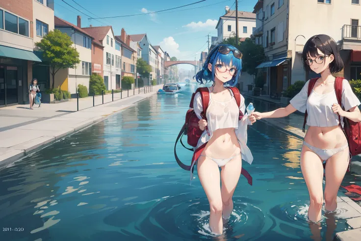 work of art, best qualityer, 2 women, (close up), 30 year old women, Scrawny, Medium chest, ssmile, andando na water, white undershirt, cute white panties, exposed belly, glasses on head, (backpacks), blue sky, bright sunlight, (Flood:1.2), street below d&...