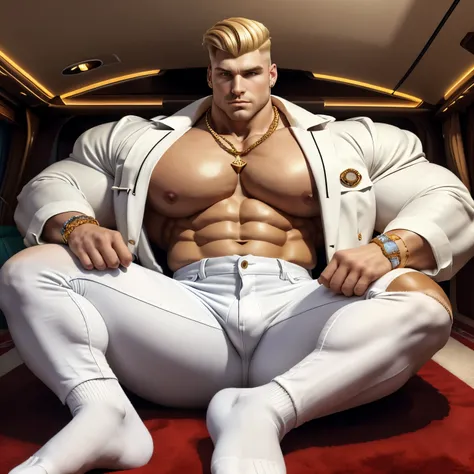 full view fat arrogant 30 years groomed rich boy with blond undercut preppy haircut, shaved, in white luxury GrosPD logo socks, black long loose fashion jeans , white dapper shirt, black biker jacket with lots of golden pins, dozens of golden and diamond r...