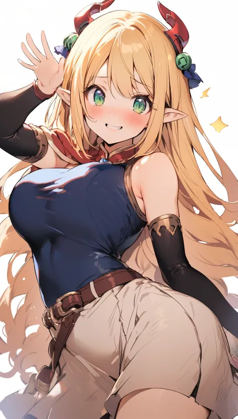 1 girl, princess connect(alisa),elf,elf_ear , (increasing the weight makes things worse),Raise the hand, Are standing, bangs, just_shoulder , blonde, green eyes, blush,long hair,uniform, white background