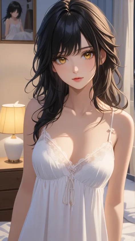 (masterpiece, best quality:1.2, High Detailed,) 1girl, nightgown, black hair, yellow eyes, bedroom, messy hair,