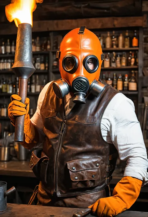 create a character with a gas mask (gas mask color orange) covering his head, and a bartenders outfit (leather vest) on the rest of his body, hold a hammer(blacksmith style), with anvil in the background