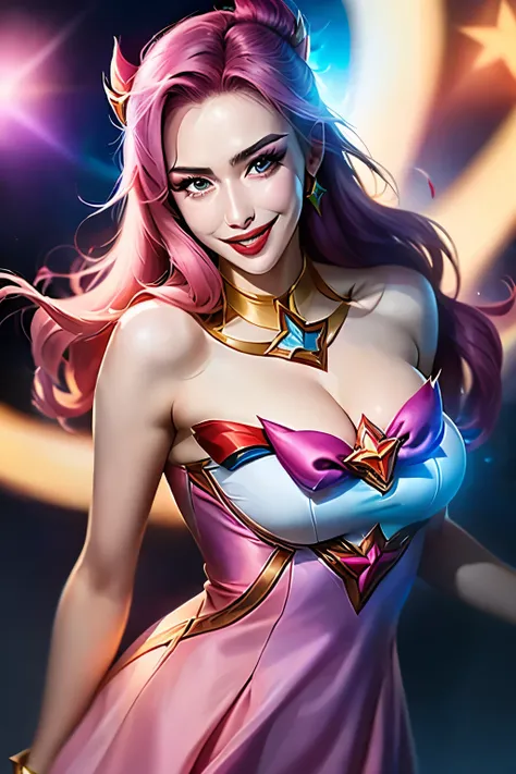 a girl, fully body, (kaisa league of legends), How are you star guardian, , I wore a pink and white dress., posse sexy, smiling, high resolution, super detaill, 8k, Overview