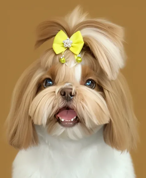 a very cute furry dog, hairs drawn like cartoon, perfectly drawn eyes, eyes like a cartoon drawing, beautiful eyes, perfect eyes, she is very happy, she is smiling, the image is very detailed