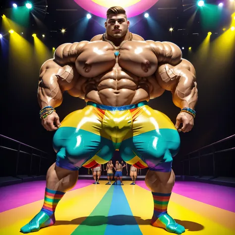 full view full body, the biggest heaviest hyper-massive overmuscular bodybuilded young white european extremely effeminate guy with hype gay undercut haircut, lots of gay jewelery, shirtless showing off over-inflated and over-bloated huge pecs, double-bice...