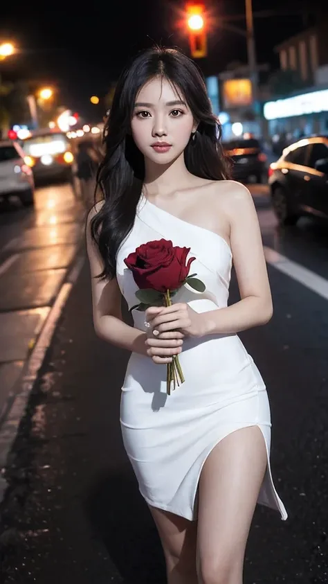 Scene Overview: A beautiful young Thai woman with fair skin and an oval face, aged 20-25, wearing a white sexy dress and holding a red rose
Visual Elements: Streets wet from rain, neon lights reflecting on the pavement
Lighting and Colors: Vibrant yet isol...