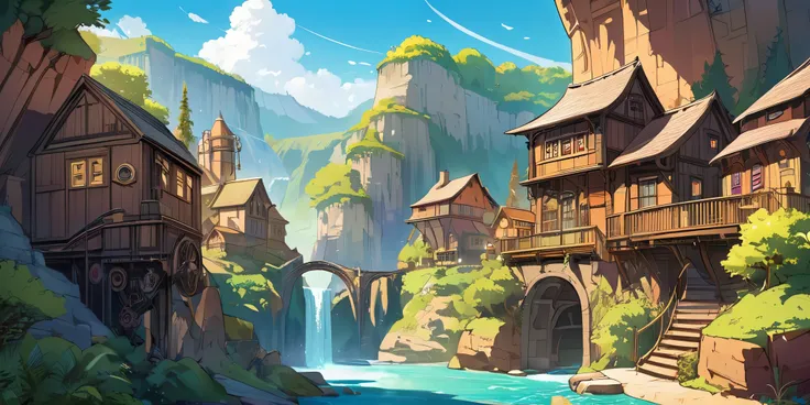 draw a lofi anime poster, village, canyon, steampunk decoration, cascade, light, forest, beautiful color palette brown glass, co...