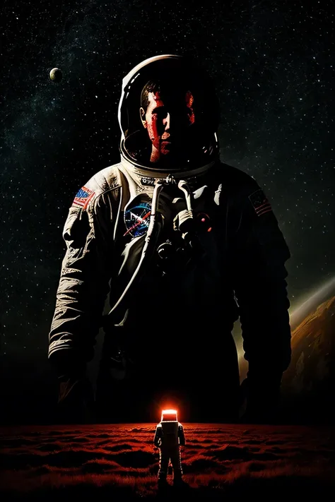 A scared astronaut on a dimly lit Earth where his companions are dead and covered in blood,