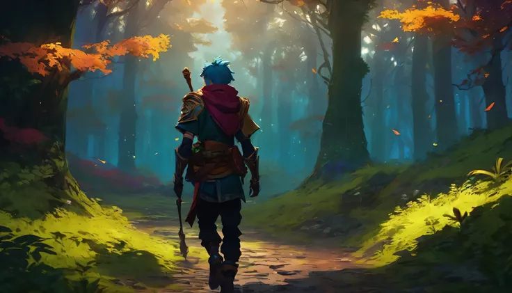  a human boy walking in a dense forest, NIGHT, high fantasy RPG style, League of Legends-inspired art style, dynamic poses, detailed facial features, cinematic lighting, vibrant colors, dramatic atmosphere, gritty realism, masterpiece, best quality, ultra-...