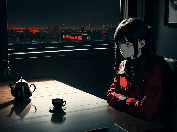 dark art, two humans in a room, sits at the table, window, cyberpunk landscape, kitchen fittings, red and black carpet, small sugar bowl, two mugs, old teapot, clean wallpapers, dark background, ((night)), dark sky, gloomy sky, highly detailed art