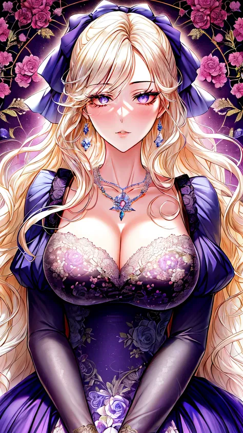 Kuroume_1024, ((shoujo-style, floral background, romance manhwa)), (close up), (1girl:1.2), platinum-blonde hair, solo, long hair, flower, dress, thick eyeblows, blue flower, wavy hair, closed mouth, collarbone, breast, cleavage, puffy sleeve, white dress,...