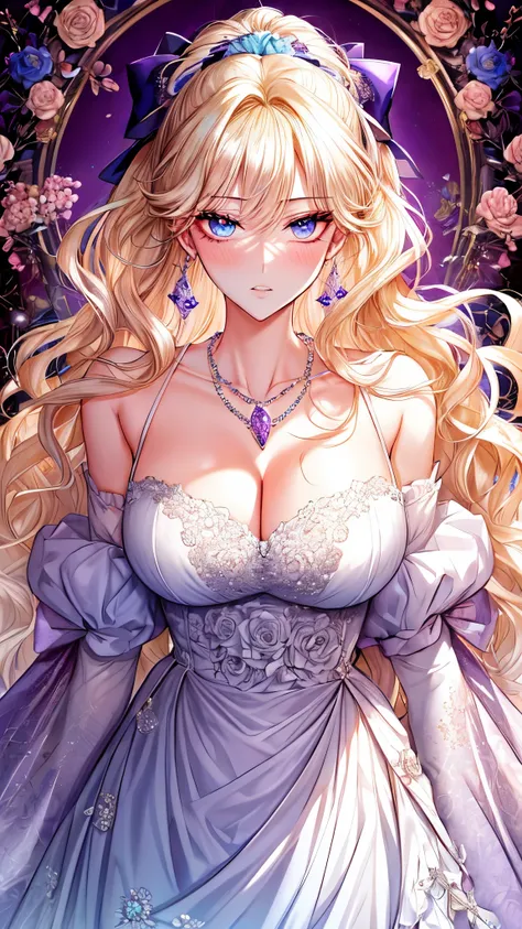 Kuroume_1024, ((shoujo-style, floral background, romance manhwa)), (close up), (1girl:1.2), platinum-blonde hair, solo, long hair, flower, dress, thick eyeblows, blue flower, wavy hair, closed mouth, collarbone, breast, cleavage, puffy sleeve, white dress,...