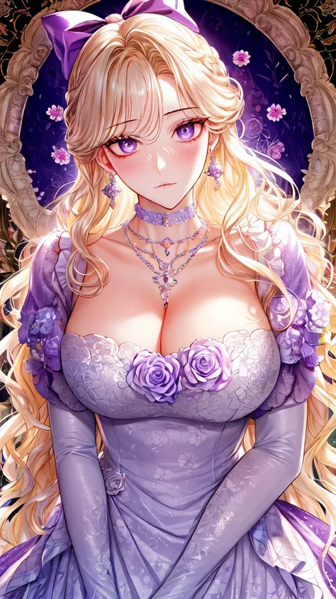 Kuroume_1024, ((shoujo-style, floral background, romance manhwa)), (close up), (1girl:1.2), platinum-blonde hair, solo, long hair, flower, dress, thick eyeblows, blue flower, wavy hair, closed mouth, collarbone, breast, cleavage, puffy sleeve, white dress,...