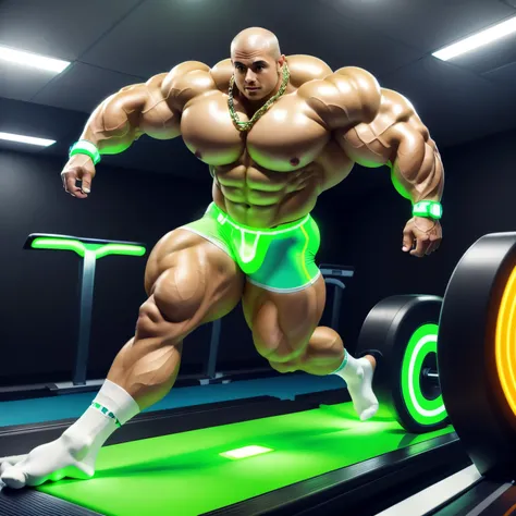 full view, full body, one Sexy young artificially tanned white bald over-musuclar man, shirtless wearing neon-green compression leggings and white  electronic socks with leds, no shoes, wearing gold chains, bracelets, rings, running in his white profession...