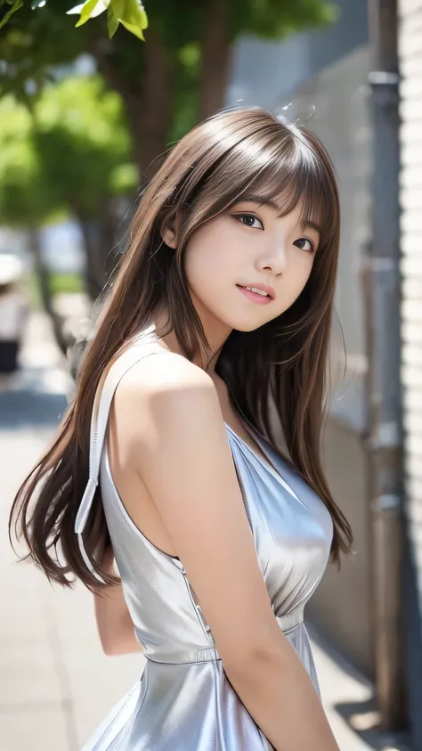 Sexy Big 、Sexy cute looks and cute 15 year old beautiful girl, beautiful and sexy face、A strong wind blows my hair in front of my face、Platinum Silver Shorthair、beautiful, Cute and sexy eyes hidden behind long bangs、Colorful Dresses