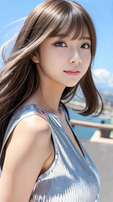 Sexy Big 、Sexy cute looks and cute 15 year old beautiful girl, beautiful and sexy face、A strong wind blows my hair in front of my face、Platinum Silver Shorthair、beautiful, Cute and sexy eyes hidden behind long bangs、Colorful Dresses