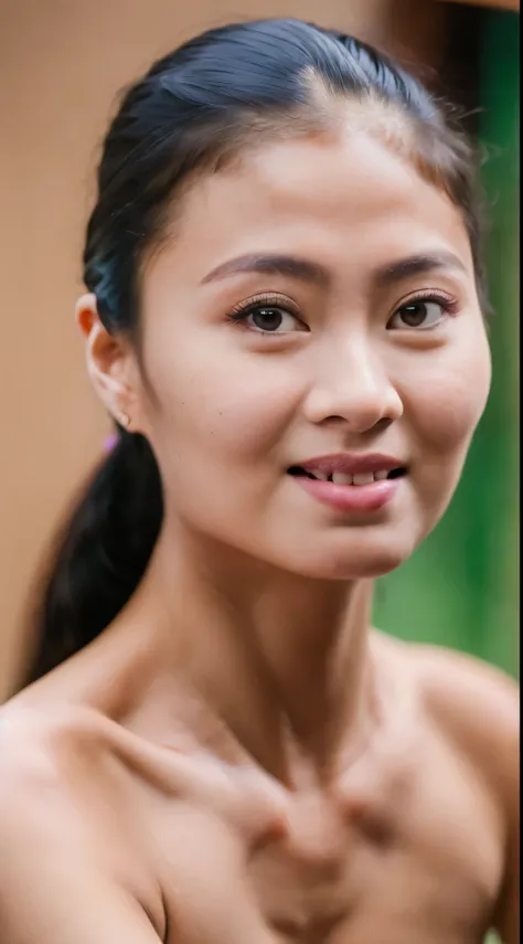 a cute young malaysian woman with a ponytail, hazel eyes, making a happy expression, sitting, nude, against a blurred background...