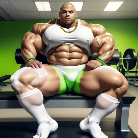 full view, full body, one handsome young artificially tanned white bald over-muscular man in white socks, shirtless wearing neon-green lycra leggings and white sheer electronic socks, no shoes, gold chains, bracelets, rings, arrogantly sitting on bench in ...