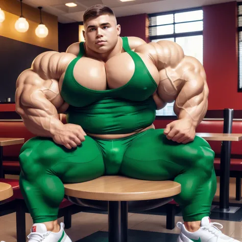 full view full body, A white 25 yo bodybuilder male with undercut light-brown haircut, eating protein powder in bowl, is wearing a tight lycra dark-green shirt and dark-green lycra shorts, green lycra socks and white Nike air max trainers, flexing his over...