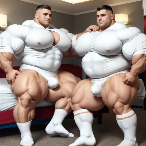 full body view, two young famous white european handsome bodybuilt athletes males with clean shaved styled undercut haircuts in white tight lycra fullsuit, white lycra socks, no shoes, admiring each others monstuously over-inflated bloated round swollen pe...