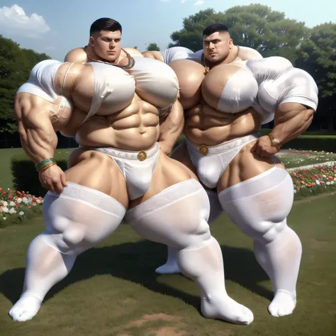 full view, full body, 2 big over-muscular bodybuilded white men with undercut haircuts, wearing regencey era silk clothing and white silk thigh-highs, in white silk shiny socks, No shoes, dozens of golden rings, necklaces, bracelets, white Shirts with lace...