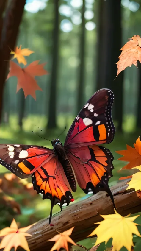 ((butterfly flying)), ((ladybug)), ((Maple Leaf)), maple leaf ((falling)), ((forest)), ((trees)), ((WIDE VIEW)), with open wings, (best quality, high resolution, masterpiece: 1.2), ultra-detailed, (realistic, photorealistic, photo-realistic: 1.37), HDR, UH...