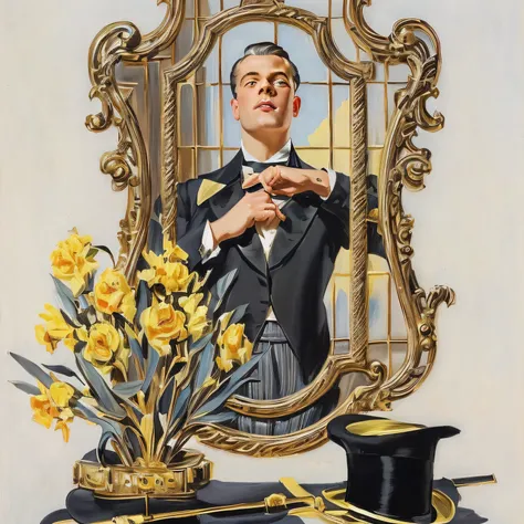 arafed picture of a man in a tuxedo and a top hat, j. c leyendecker, j.c leyendecker, jc leyendecker, leyendecker style, joseph leyendecker, j c leyendecker, j. c. leyendecker 8 k, leyendecker, j c leyendecker 8 k