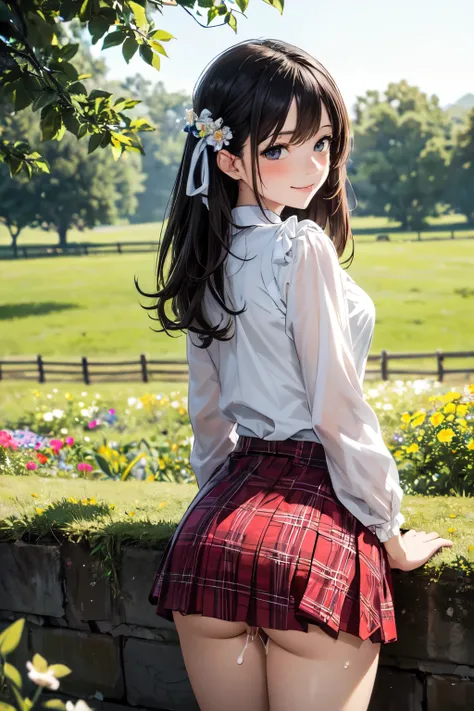 very cute and beautiful girl,(highly detailed beautiful face),(smile),blush,cowboy shot, (white blouse with detailed frills),long sleeve BREAK standing,(from behind,looking back),leaning forward, pantie down,looking at viewer, hair ribbon,black hair,(scarl...