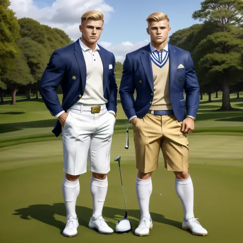 2 young different aristocratic young boys with clean preppy undercut haircuts, one blonde, the other one is lohight-brown haired, wearing long white socks, golf shoes, short golf pants, navy-blazers with embroyederies, gold signet ancient ring, playing gol...