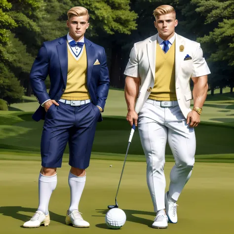 2 young different aristocratic young boys with clean preppy undercut haircuts, one blonde, the other one is lohight-brown haired, wearing long white socks, golf shoes, short golf pants, navy-blazers with embroyederies, gold signet ancient ring, playing gol...